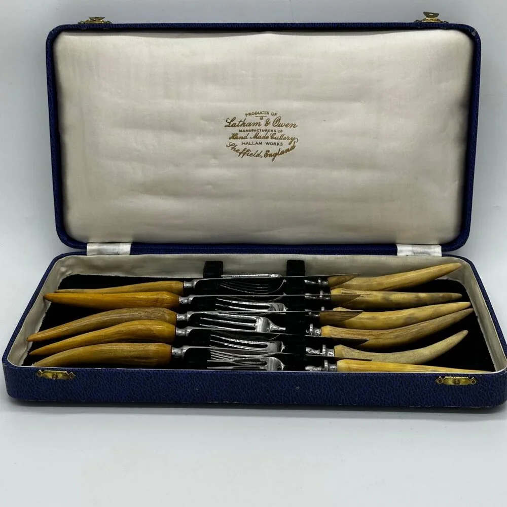 Sheffield Latham Owen Rustic Antler Horn Handle Utensils Knives Forks‎ Cased Set